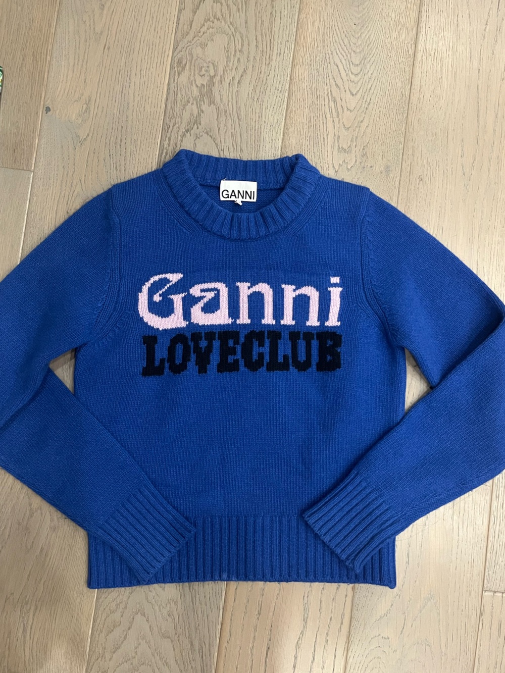 Ganni Blue Crewneck Sweater with Pink and Black Logo